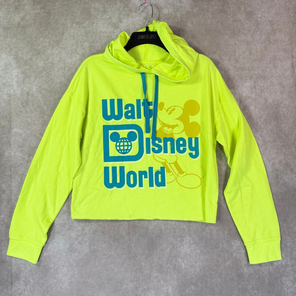 Disney Hoodie Women Medium Neon Green Walt Disney World Mickey Mouse Cropped
